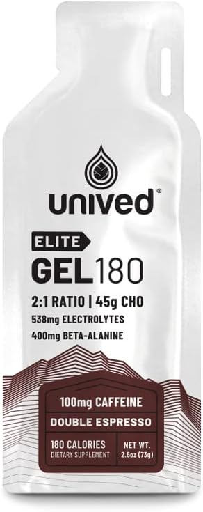 Unived Elite Gel 180-2:1 Razmerje preprostih in kompleksnih ogljikovih hidratov z Beta Alanine & Essential Electrolytes - za vzdržljivost Athletes Runners & Cyclists - 180kcal - Double Espresso - 100mg Caffeine - Paket 6