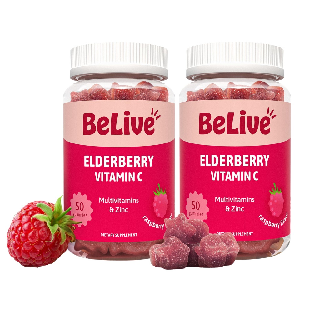 BeLive Elderberry Gumies z cinkom in vitaminom C - Imunska podpora dodatek z vitaminom D, A, E, B12 - Gumies za zdrave kosti & Zobje, Vegan, Keto & Non-GMO - Raspberry Flavor 