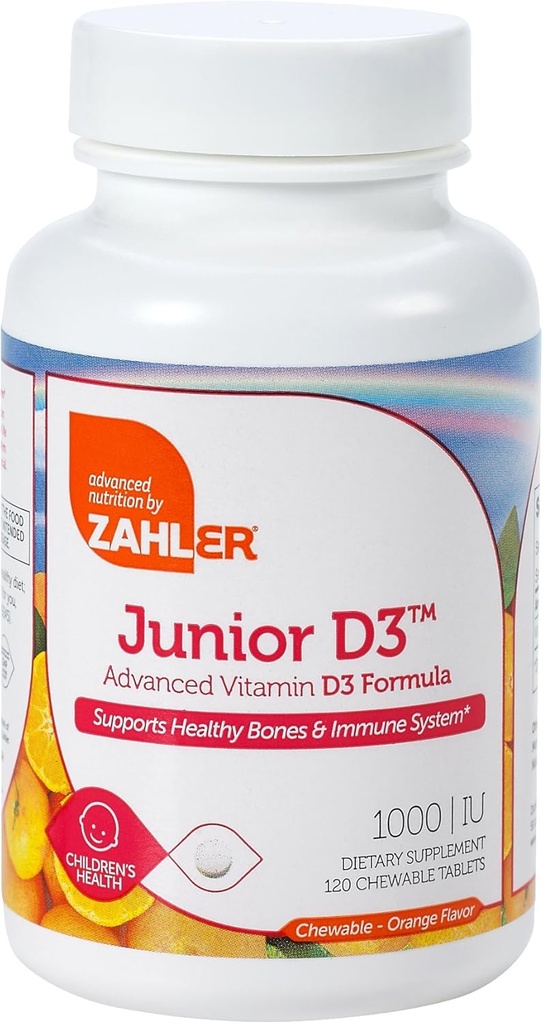Zahler Junior D3 Žvečljivi 1000IU, otroci Vitamin D, Odličen okus žvečljivi vitamin D za otroke, Optimalni vitamin D3 1000 IU za otroke, Certified Kosher, 240 Žvečljive tablete