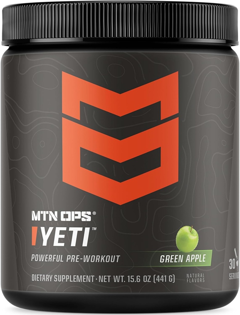 MTN OPS Yeti Predworkout Powder Energy Drink with Creatine, 200mg Kofein & BCAAs with Beta Alanine, 30-serving Tub, Green Apple