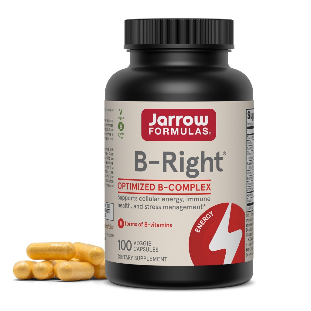 Jarrow Formule B- Desno - 100 Veggie Caps - nizkoodbojni Vitamin B-kompleks Formula - Energy & Presnova Podpora - Spodbuja zdravje možganov, srca in srca - 100 Serving