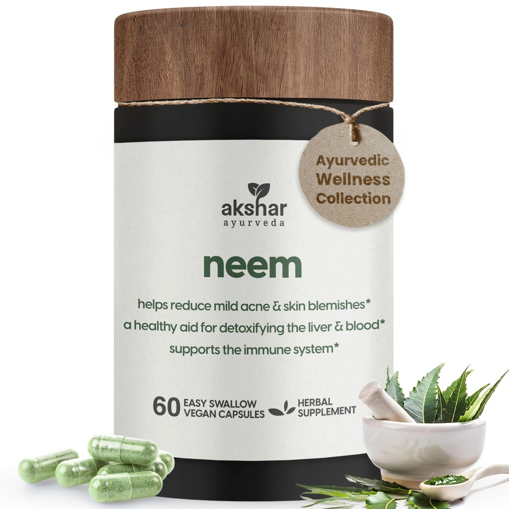 AKSHAR Ayurveda - Neem kapsule z Neem Extract in Neem Leaf Powder - Zeliščni Neem dopolnilo za podporo Clear Skin Health in Detox - Veganski Cruelty-free Neem Leaf kapsule (60 Count)