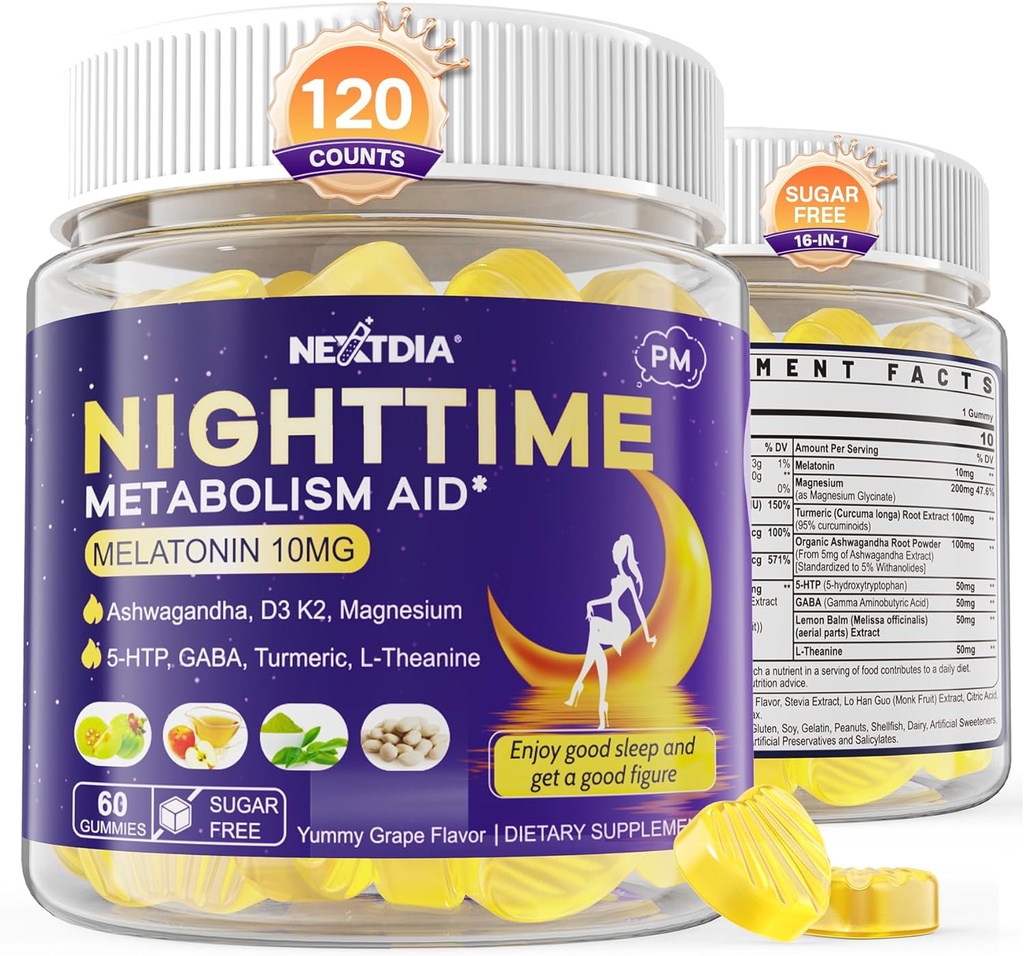 Melatonin 10mg Gumiji, nočna presnova Gumiji za odrasle, Crush Excess Hoarding Medtem ko počivate, spodbujati zdrave Zzzs, z magnezijem, Ashwagandha, 5-HTP, GABA, 100% brez zdravil, Sugar brezplačno,2Packs