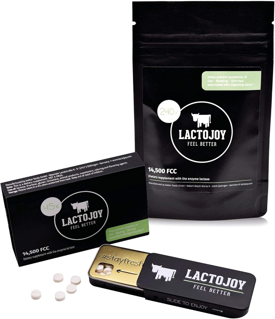 LactoJoy Lactase tablete paket 45 Pcs. in ponovno polnjenje paket I Močne encime laktaze za Laktoza Intolerance I Ultra Pure Lactase za izboljšano preperevanje I Brez silicijevega dioksida, Brez umetnih arom