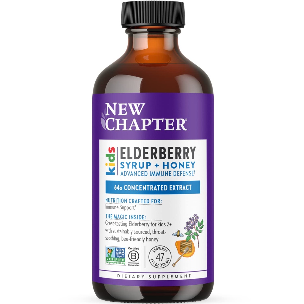 Novo poglavje Elderberry otroci Sirup, Napredna Imunska obramba za starost 2+, 64x Koncentrirana Bezgovina, sladkana z grlo-Pomirjujoče stopnje A Med, Non-GMO projekt Verified, 4 Fl Ounce