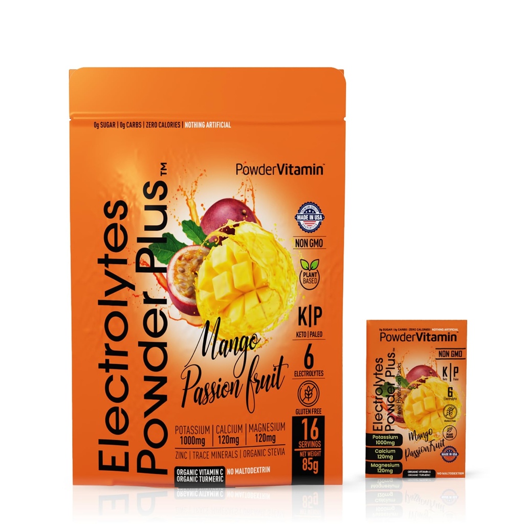 PrašekVitamin Elektroliti v prahu Plus, Keto, mango pasijonka, brez sladkorja, roza himalajska sol, 1000mg kalij, 120mg kalcij, 120mg magnezij, ne-GMO, nič kalorij, (16 hidracijski paketi)