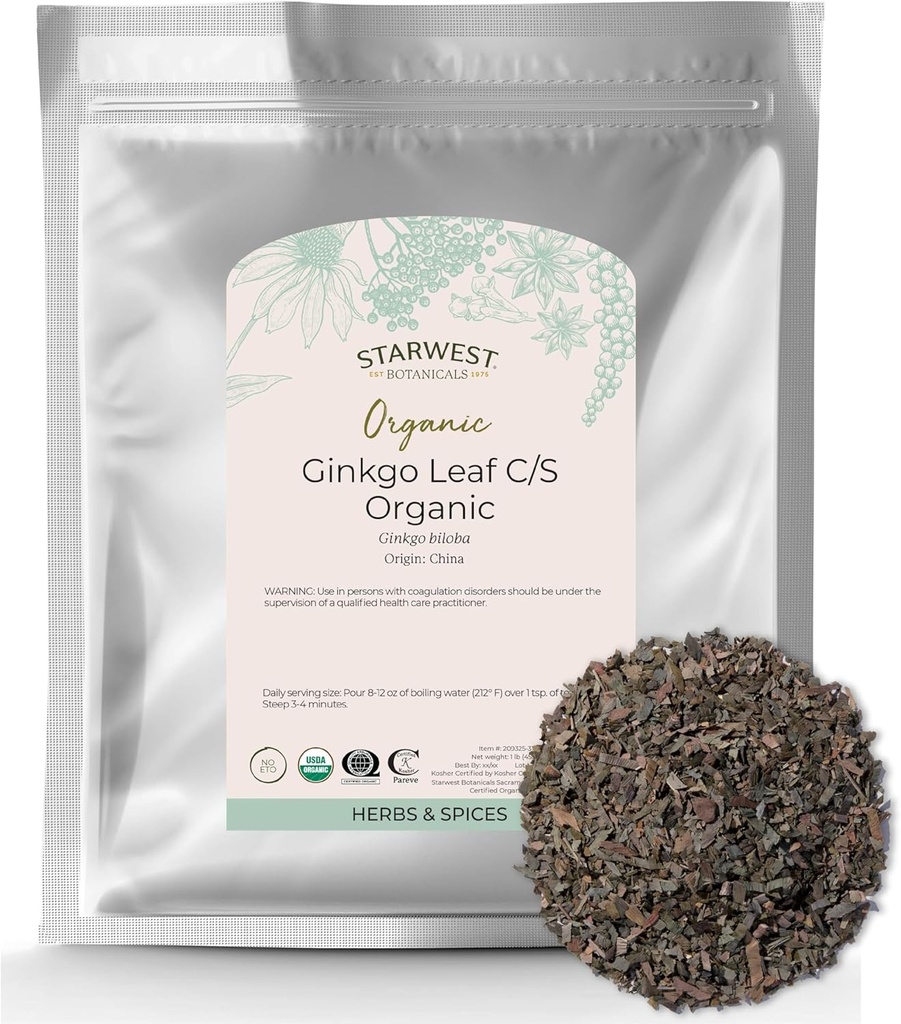 Starwest Botanicals Organic Ginkgo Leaf - Ginkgo Biloba, sušeni list Herb za čaj, Kapsule, & Zeliščne mešanice, cut & Sifted, Certified Kosher, Non-GMO - razsutem stanju 1 lb vrečko