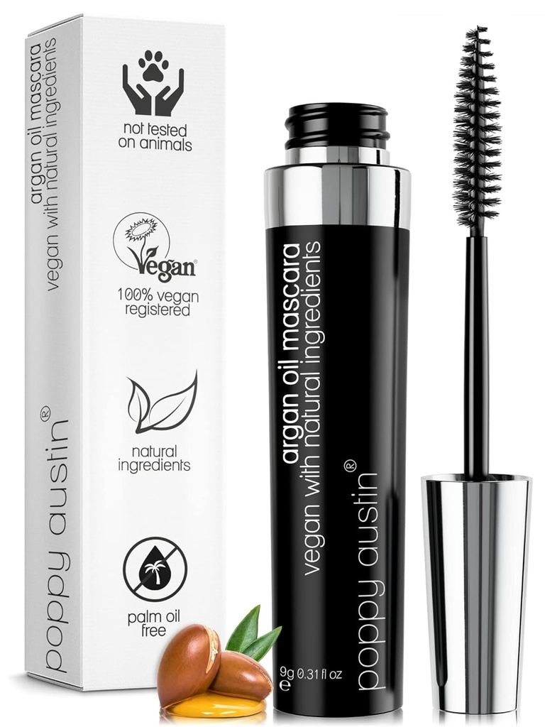 Poppy Austin Organic Mascara, Naravna, Vegan, Paraben-free, Cruelty-free - Hypoallergenic Mascara Podaljšanje in Volumizing z arganovim oljem - 0.31 Fl Oz (Črna)
