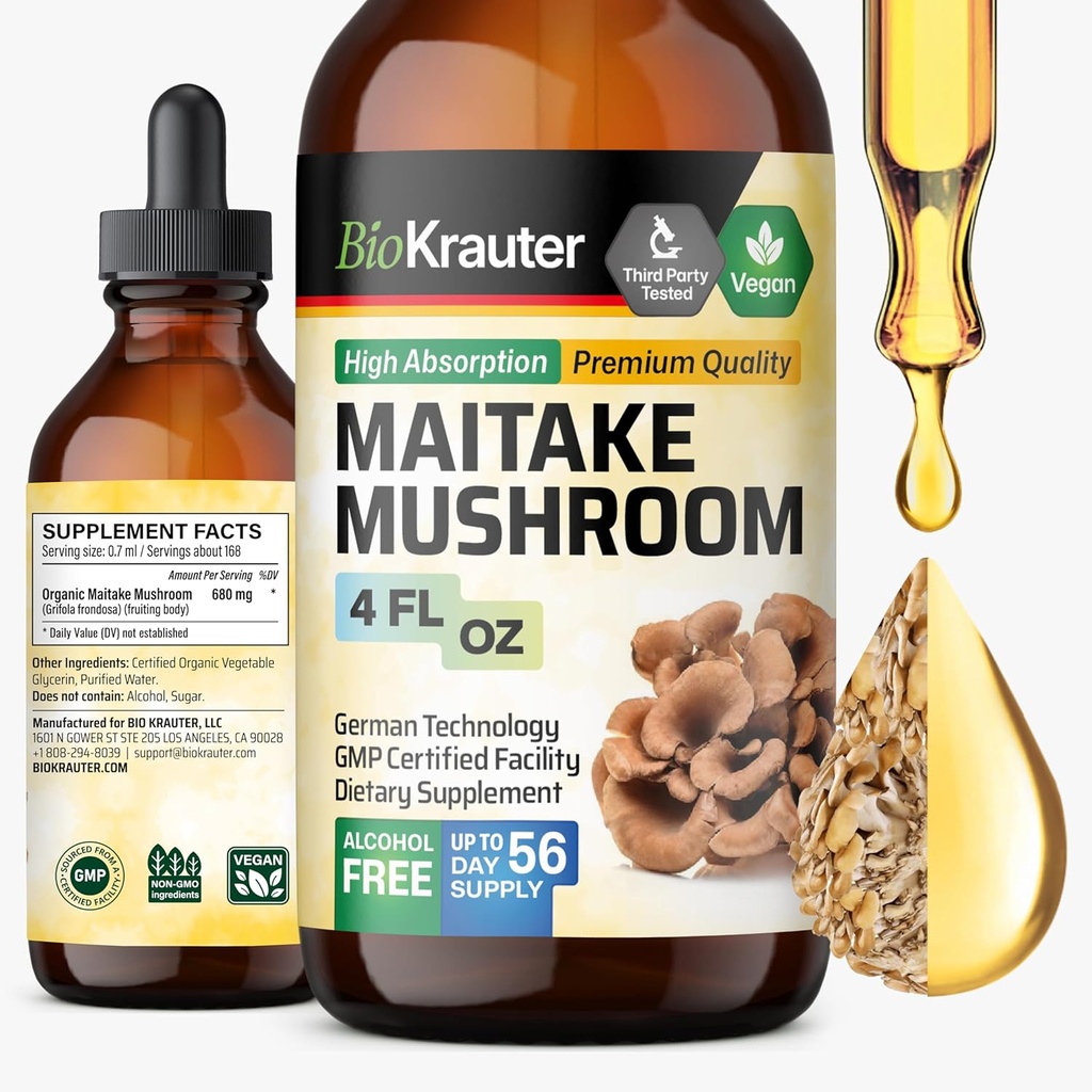 BIO KRAUTER Izvleček gob Maitake - Maitake Tekoči dodatek za imuno podporo - 680 mg na serviranje - Veganske, brezalkoholne in sladkorne kapljice 4 Fl.Oz.