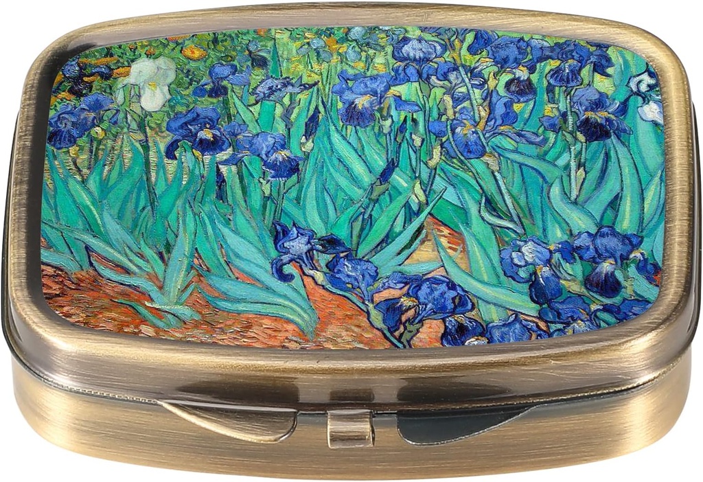 Dynippy tablete zaboj tablete Škatla z ogledalom Retro Pocket 2 Kompartment Medicine Primer Vitamin tablete Organizator za žepno torbico in potovanja (A-Van Gogh Irises)