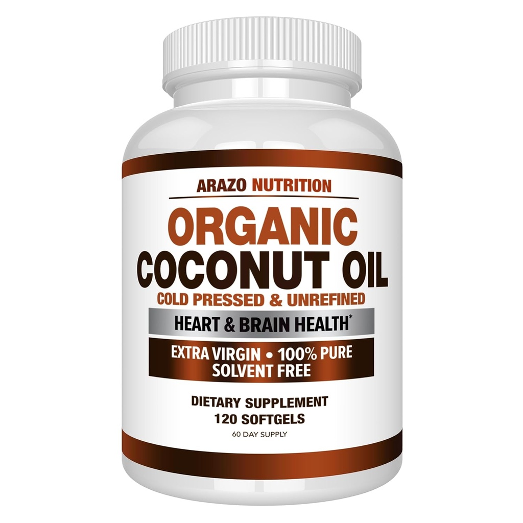 Arazo Nutrition Organic Coconut Oil 2000 MG - 100% ekstra deviško nerafinirano hladno stisnjeno za podporo teže, kožo, lase, nohte - 120 kapsul mehkega gela