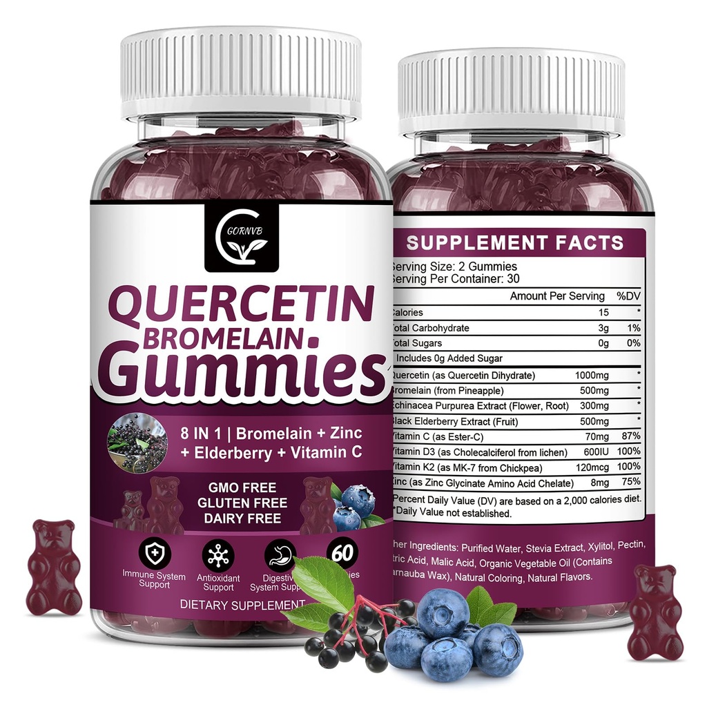 Quercetin Gummies z bromelainom 2378mg - mešanica z borovnico, Echinacea Purpurea Extract, cink, vitamin C, D3,K2, Kompleksna podpora Imuni, Kardiovaskularno in dihal, Vegan Gummy za odrasle & Kid