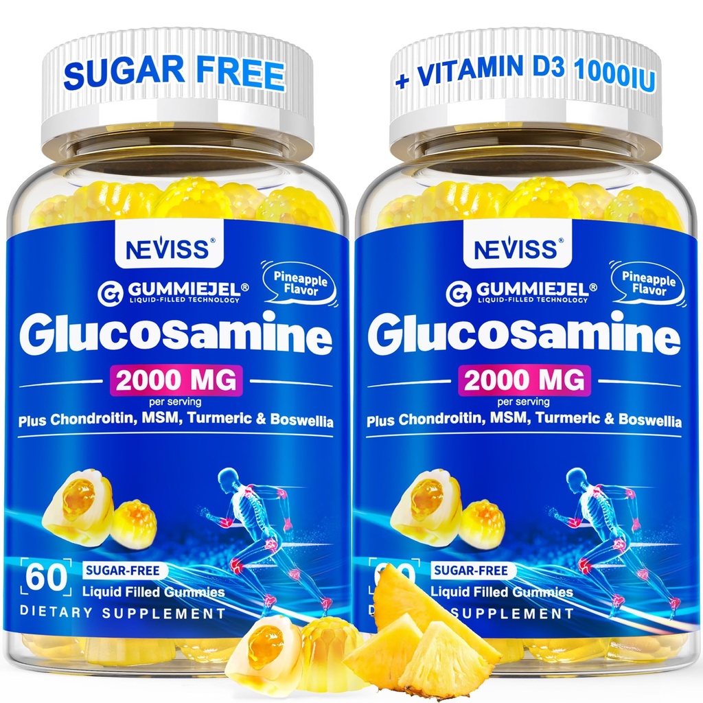 Glukozamin brez sladkorja Polni gumiji - Glukozamin dodatek Plus Chondroitin, MSM, Kurkuma, Boswellia, Hyaluronska kislina, Vitamin D3 & cink, 120 Gummies, 60 Serving