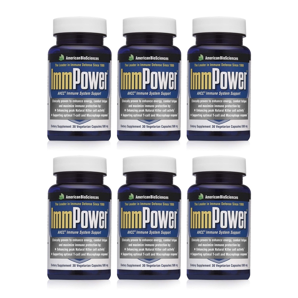 American BioSciences ImmPower AHCC Supplement 6-Pack, okrepljena imunska podpora, naravna ubijalska celična aktivnost in proizvodnja citokina, 30 vegetarijanske kapsule, 500 miligramov na kapsulo