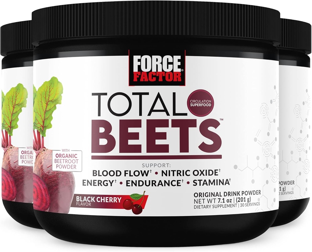 FORCE FACTOR Total Bees Superfood Beet Root Powder 3-Pack, Nitrati za podporo cirkulacijo, pretok krvi, dušikov oksid, energija, vzdržljivost, Stamina, Kardiovaskularno zdravje, 90 Servisi