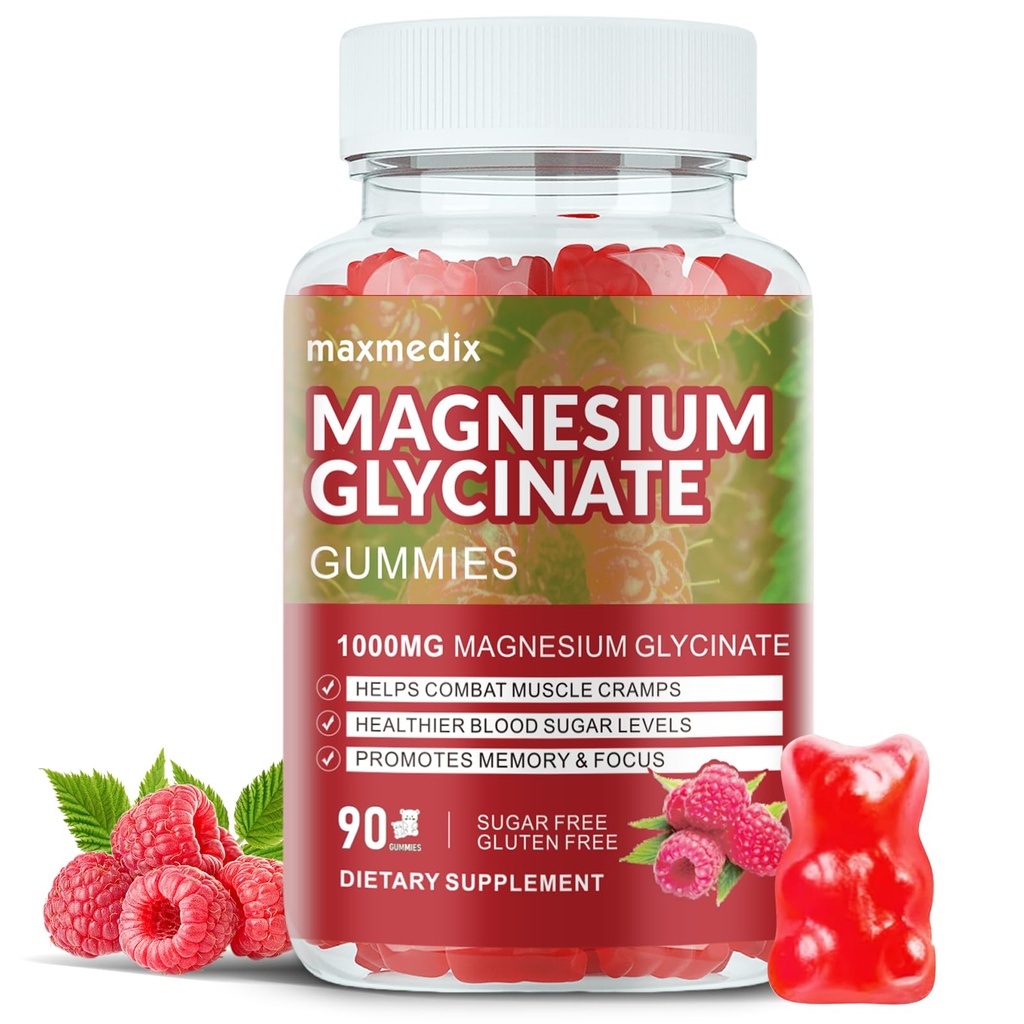 Magnezij Glycinate Gumies 1000mg, Sladkor brez Magnezij Kalij Dodatki Žvečljivi za odrasle z L-treonat za spanje, Podpora telesu in sprostitev,90 Raspberry Gumies