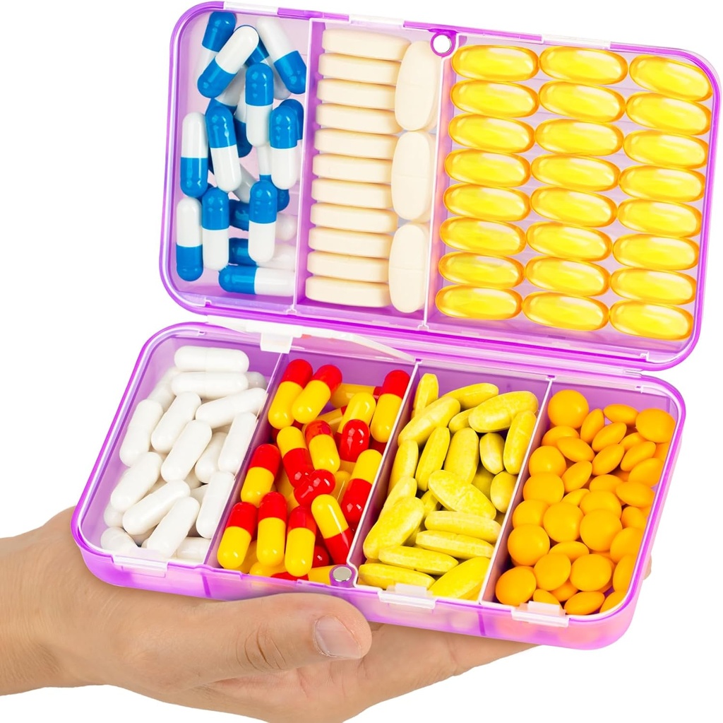 Yaklim Magnetic Travel Organizer, 7 Kompartmenti Prenosne tablete Box, Velik vitamin Organizator z nalepkami, Daily Pill Case Medicine Organizer, Big Supplement Organizator Magnet Pill Container Purple