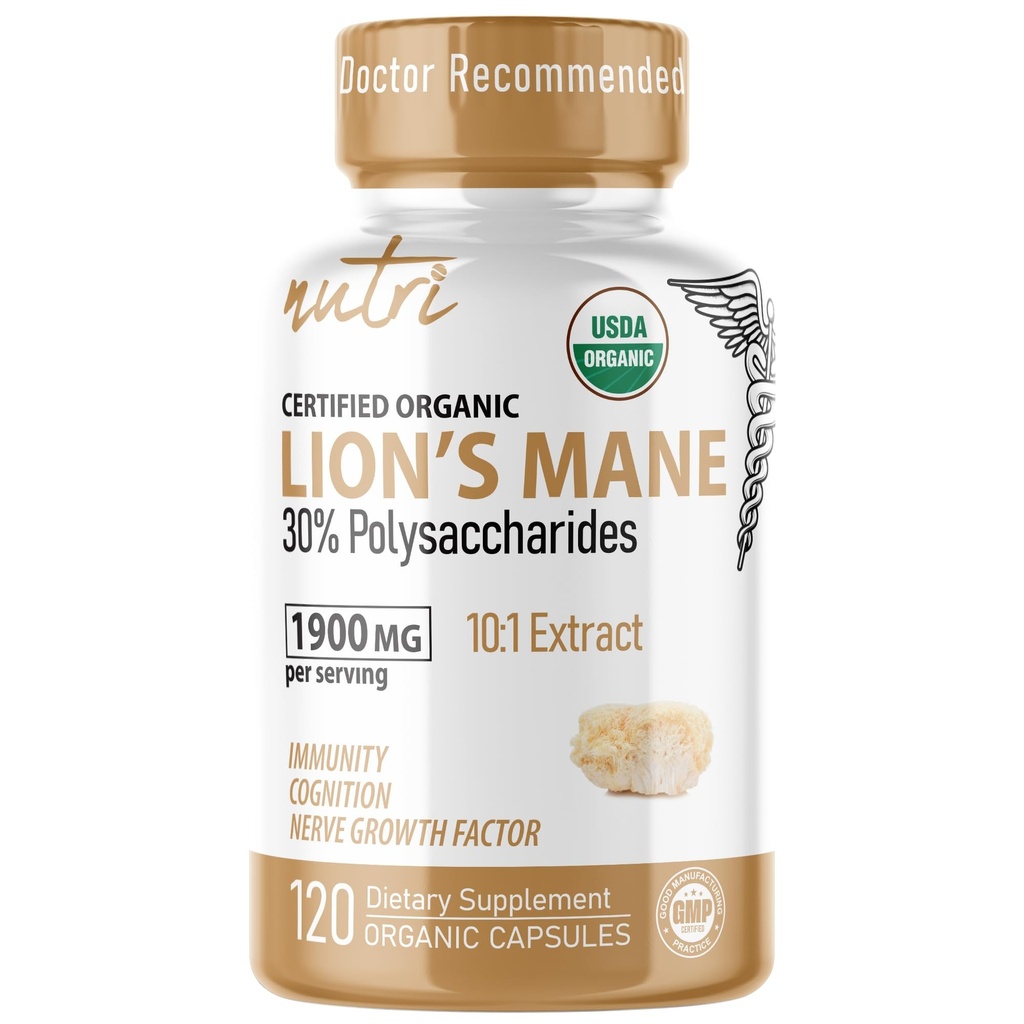 Nature's Fusions Nutri Organic Lions Mane Dodatne kapsule - 1900 mg, 10:1 Dvojna ekstrakcija, 120 Count - Izvleček gob (Fruiting Body) - Tretja stranka testiran
