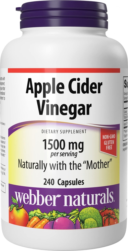 Webber Naturals Apple Cider Vinegar Kapsule z materjo, 1500 mg na strežbo, Visoka moč, 240 Kapsule, Podpora za naravno prebavo, Sladkor, Mlekarna & Gluten Brez