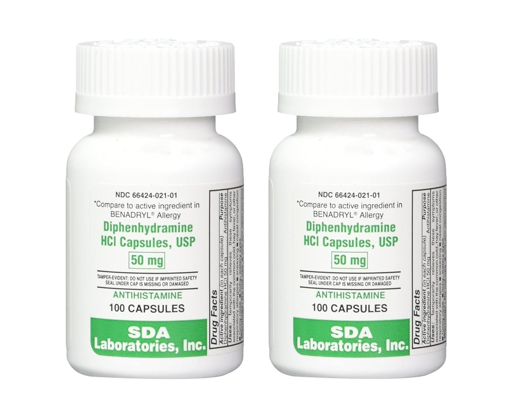 SDA LABORATORIES Difenhidramin 50 mg, Alergija Relief, Antihistaminiki Kapsule, hitro delujoča formula za Sneesing, Runny Nose & Srbeče oči – 100 Število (2 paket)