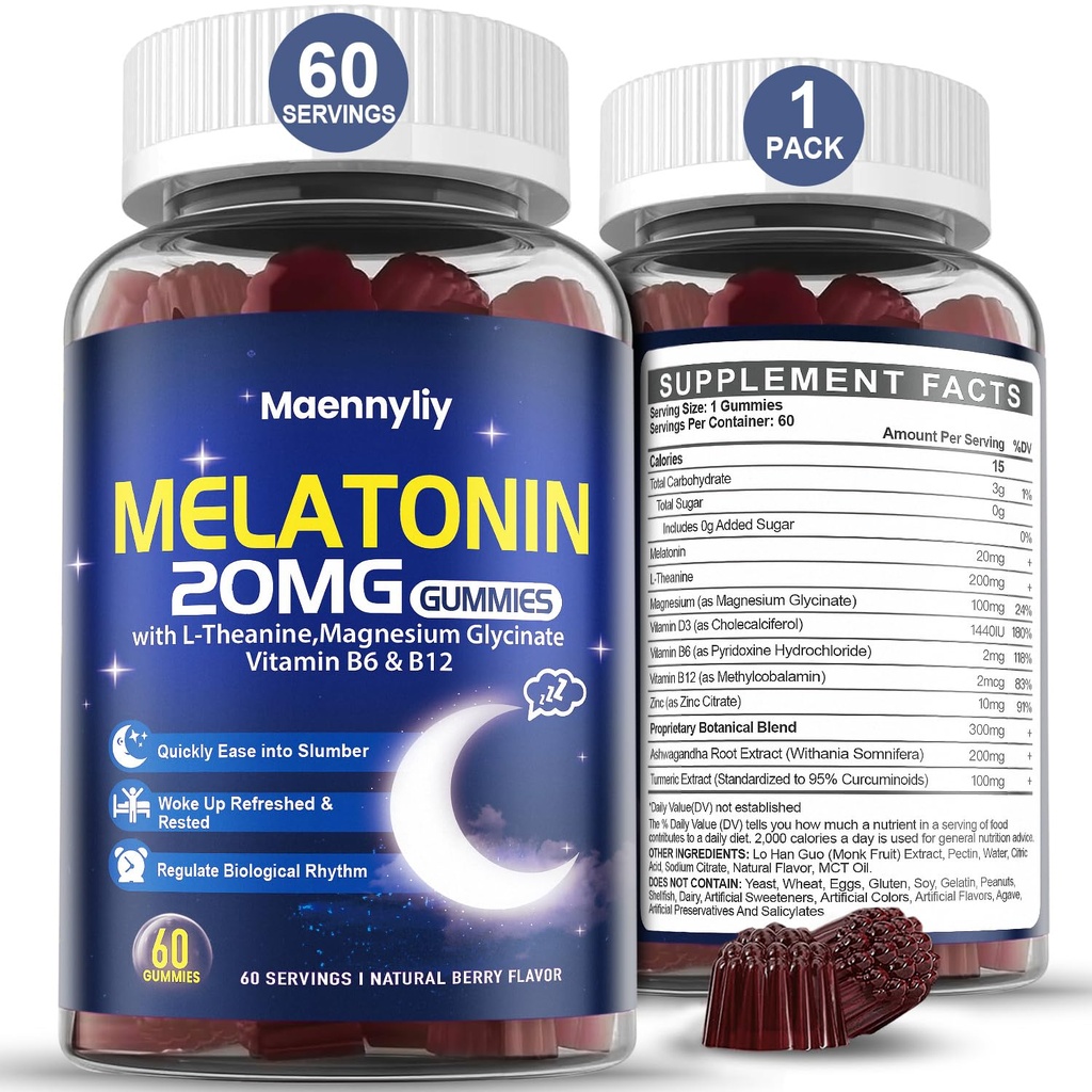 Melatonin 20mg Gumiji za odrasle - brez sladkorja Melatonin Gumies Dodatna moč z L-teanin, magnezij, Ashwagandha, Kurkurji, D3 & cink - ne-habitno oblikovanje