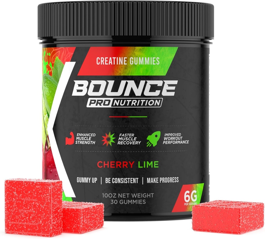 Bounce Pro Creatine Monohidrat Gumije za moške in ženske, Nizka kalorija, 6G kreatin na serviranje, Vegan, Anti-Melting, Gluten-free, Ne-GMO, 2g kreatin na Gummy (30ct, Cherry Lime)