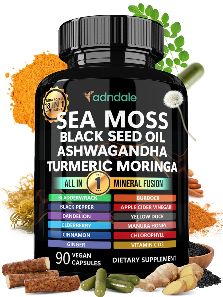 Adndale Sea Moss Black Seed Oil Ashwagandha Ginger kapsule. SeaMoss Kapsule s črnim oljem, Ashwagandha, Kurkuma, Moringa, Bladderwrack, korenina Burdock, medu Manuka, cimet