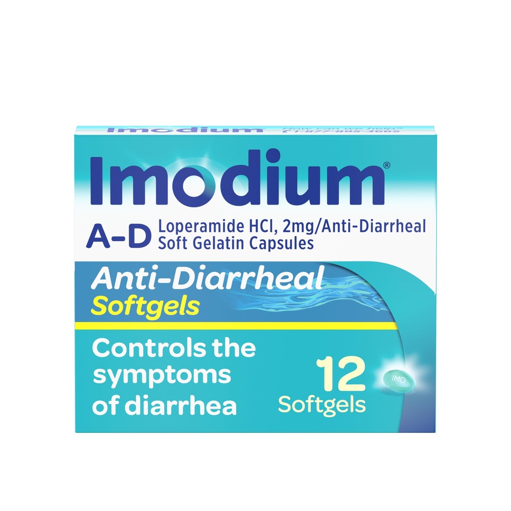Imodij A- D Diareja Relief Softgels z Loperamid HCl, antidiareja Medicina za pomoč pri nadzoru simptomov driske zaradi akutne, potovalne diareje, HSA/FSA upravičen, 12 ā