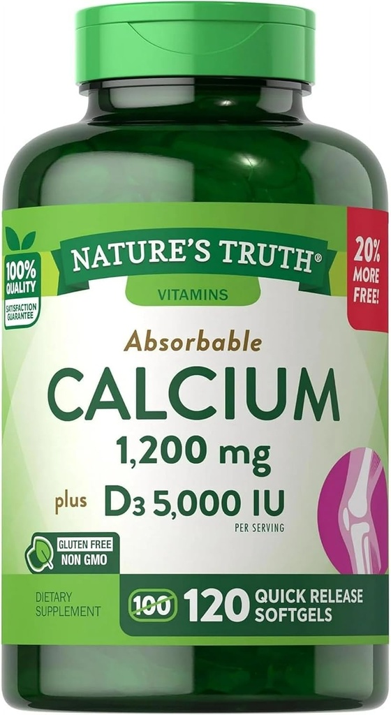 Naravna resnica Absorbljivi kalcij 1200 mg Plus D3 5000 i.e. na servisiranje softgels s hitrim sproščanjem - 120 ct, pakiranje po 2