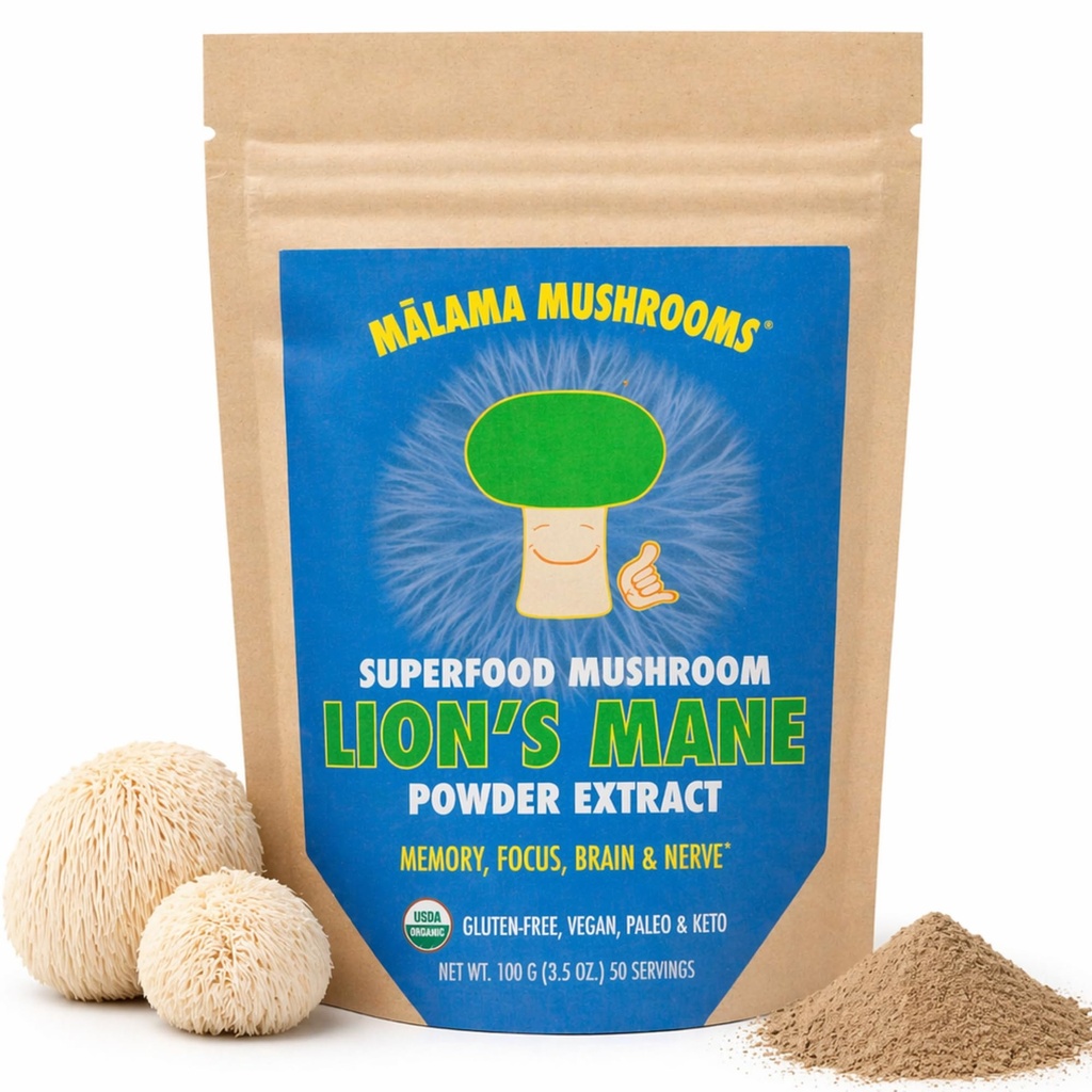 Lion's Mane Extract Powder by Malama, Organic Fruting Body Lions Mane Gobe Powder, Superfood Adaptogene, Podpira spomin, Fokus, Možgani, & Živci