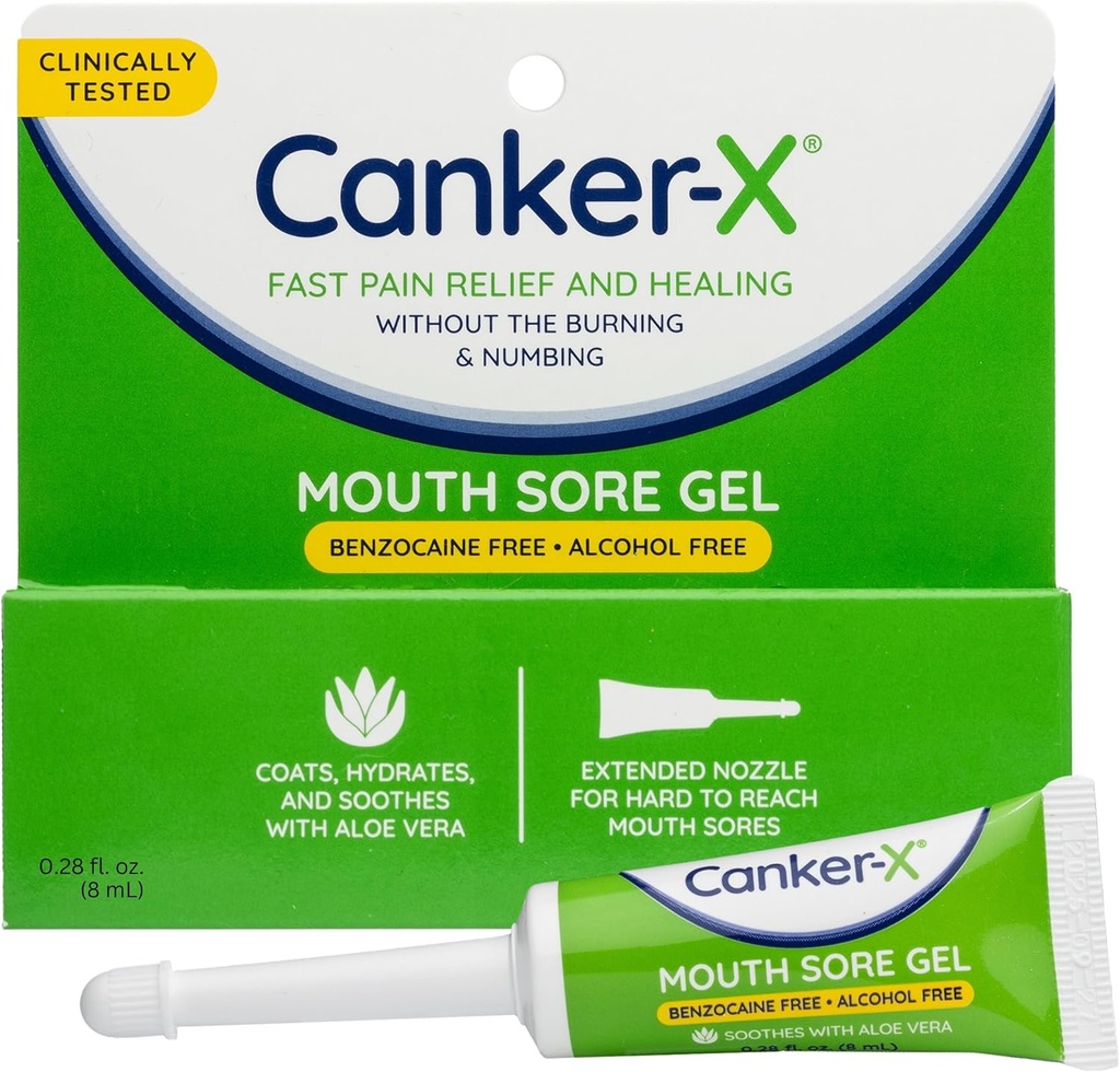 Canker-X Mouth Sore Gel, hitro lajšanje bolečine in zdravljenje za Canker Sores, Cheek ugrizi in ustne abrazioni, Oralne bolečine Relief Gel, Benzocain-free in Alkohol-free, Odrasli in otroci 6+ Leta, 0,28 fl oz