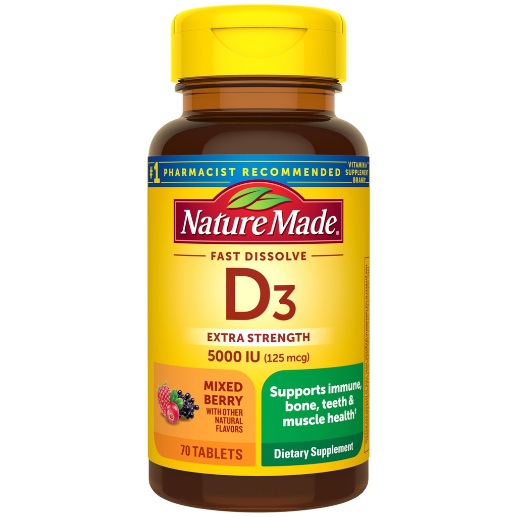 Vitamin D3 5000 i.e. (125 μg) Dodatna moč, dodatek vitamina D za imuno podporo, 70 tablete brez sladkorja, 70 dnevna oskrba