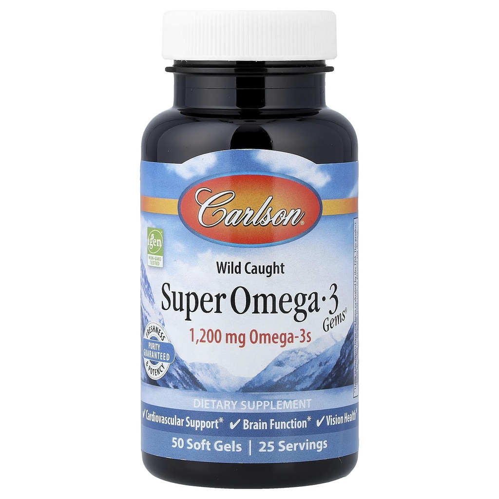 Carlson - Super Omega-3 Gems, 1200 mg Omega-3s, Divji ujet, trajnostno izvorno, 50 mehkih gelov
