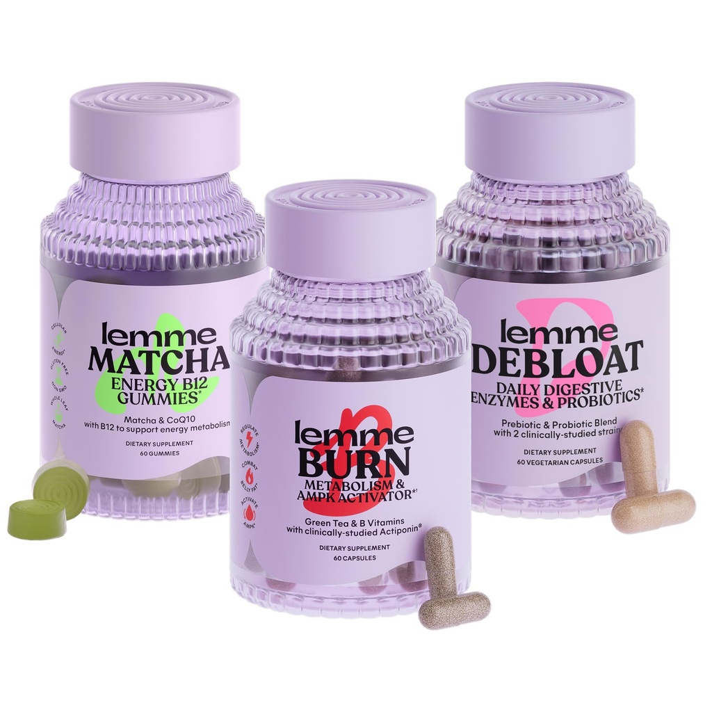 Lemme Burn, Debloat & Matcha Bundle - Presnovne kapsule in kapsule za kurjenje maščob + Kapsule za blaženje napihnjenosti in plina + Energy B12 Gummies - Gluten-free, Non-GMO - 60 ct. ea