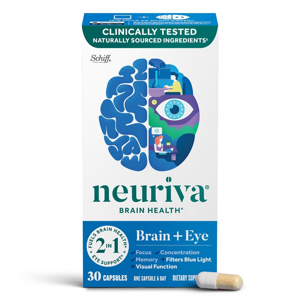 NEURIVA Možgani + Dodatek za oči za spomin, Fokus in koncentracija z luteinom in vitamini A C E in cink za zdravje oči in zeaksantin za filtriranje modre svetlobe, 30ct kapsule