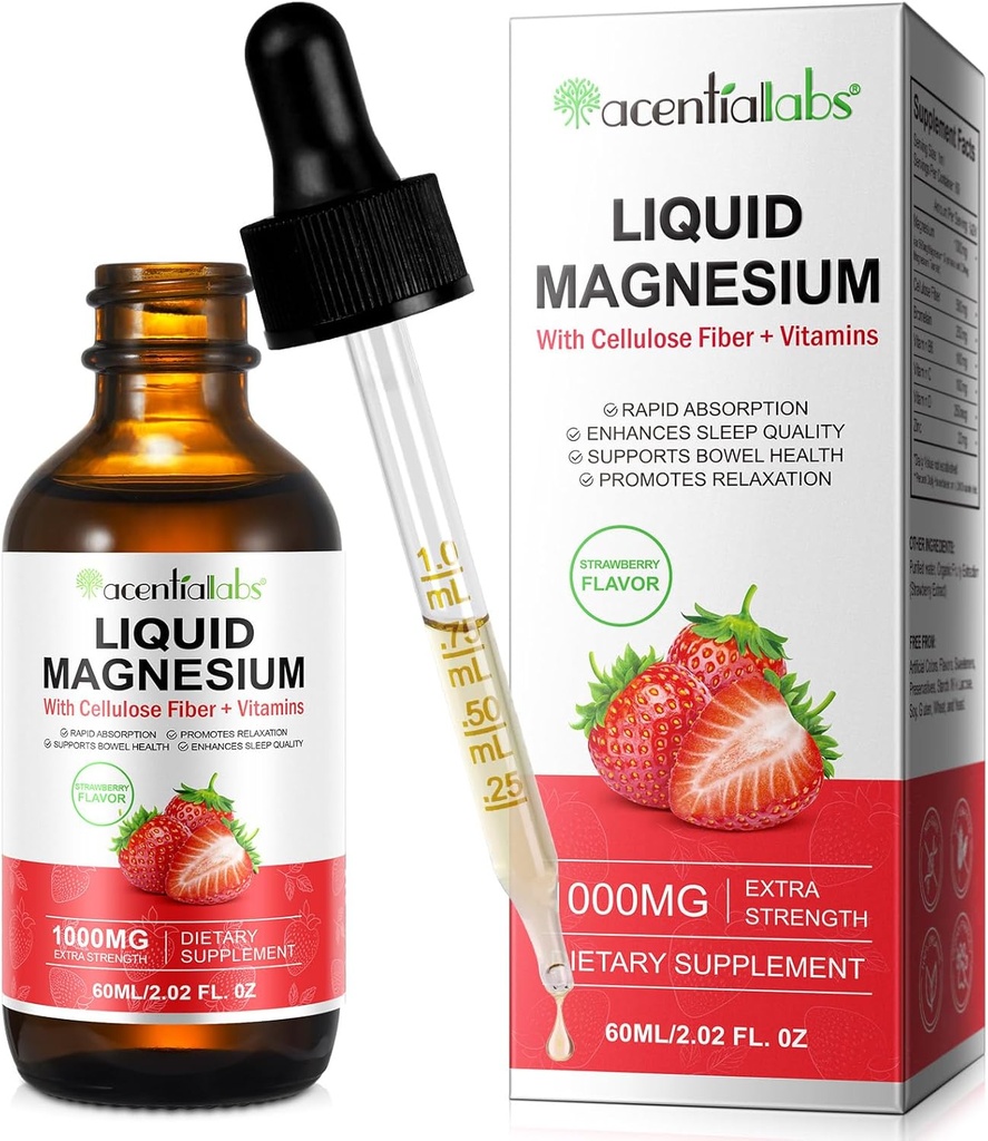 Magnezij Glicinat Tekoči, Liquid Magnezij 1000Mg, Magnezij kapljice, Liquid Magnezij dodatek, s celulozno vlakno, Vitamin B6, C, D, cink, Prebavni zdravje,Promoti sprostitev,Brez sladkorja,2 Fl Oz