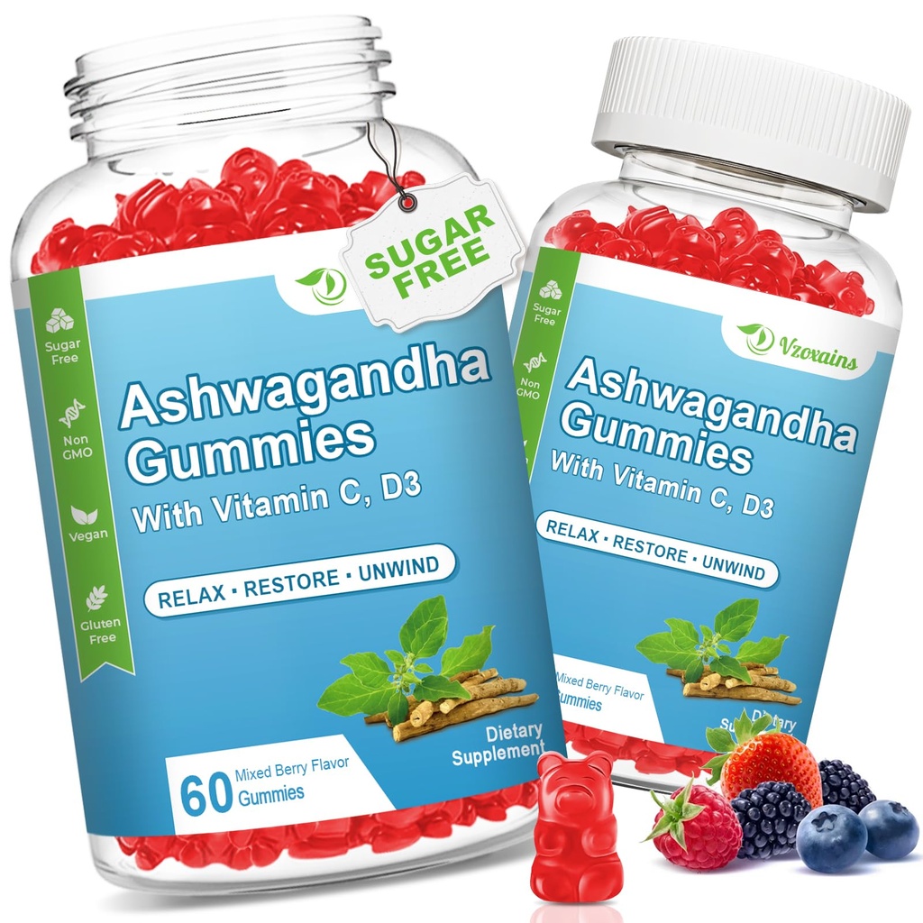 2 Pack Ashwagandha Gummies z vitaminom D za ženske in moške, sladkor brez Vegan 1000MG Ashwagandha dodatek Gummy & vitamin C, 120 Count