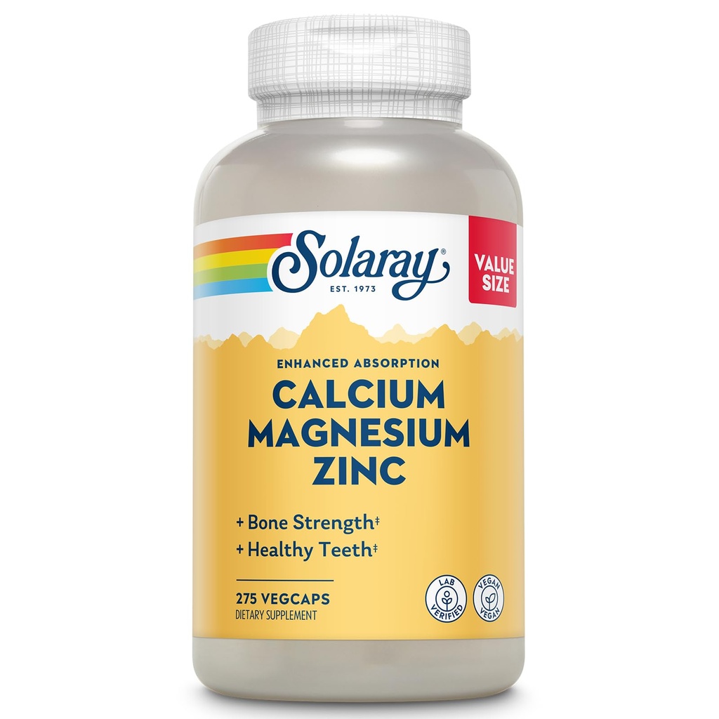 SOLARAY Kalcij Magnezijev cink dodatek - s kalcij 1000mg, magnezij 500mg - zdravje kosti, delovanje mišic, zdravje srca in imunske podpore - Vegan, 60 Day garancija, 68 Servings, 275 VegCaps