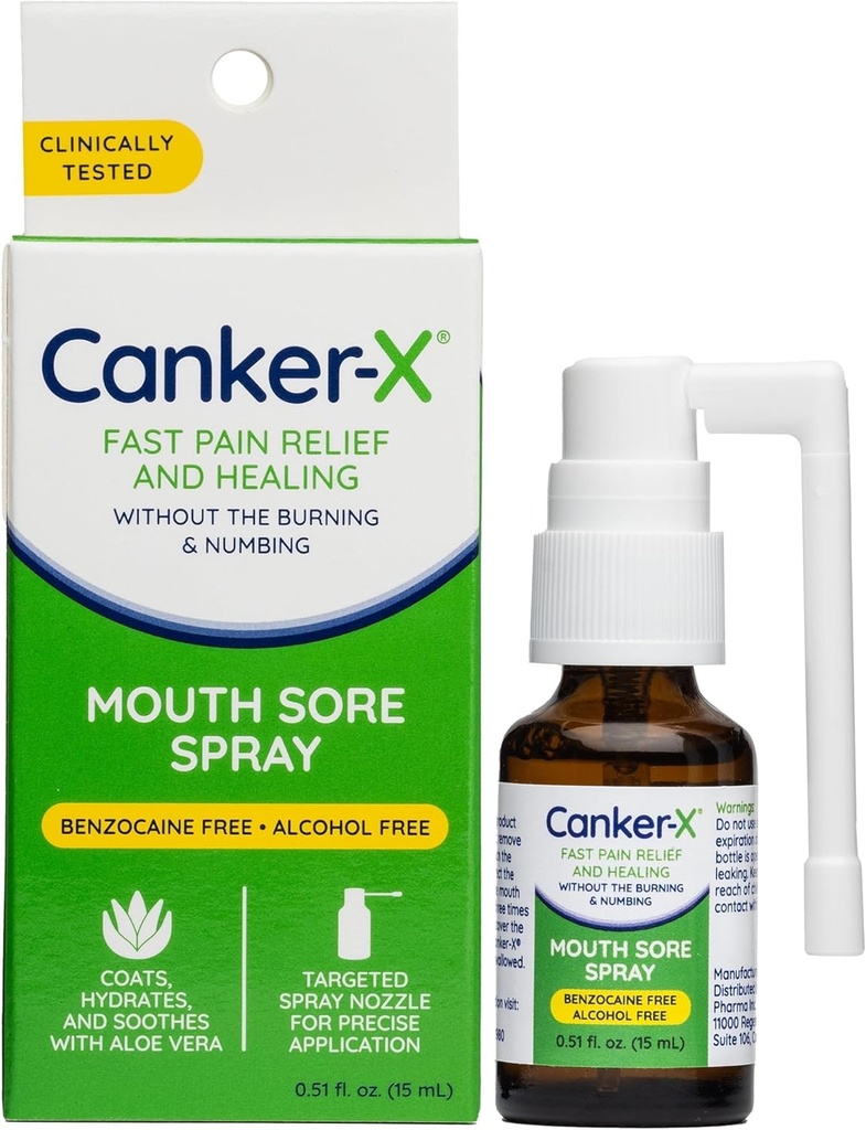 Canker-X Razpršilo za usta, Oral Pain Relief od Canker Sores, Burns & More, No Burning & Numbing, Benzocain-free & Alkohol-free Mouth Ulcer zdravljenje, ciljno Spray Nozzle, 0.51 Fl. Oz.