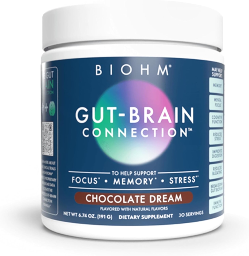 BIOHM Gut-Brain Connection Memory & Focus Supplement (6.74 Oz, 30 Servings) podpira Gut Health & Cognitive Well-Being, pomaga izboljšati Mood, Probiotics, Lion's Mane & Bacopa Monneiri, Chocolate Flavor