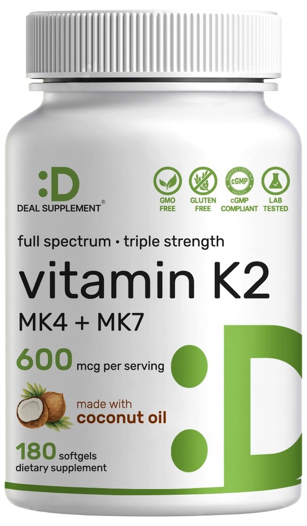 DEAL DOPOLNILO Vitamin K2 Dodatek 600mcg, 180 Kokosovo olje Softgels 