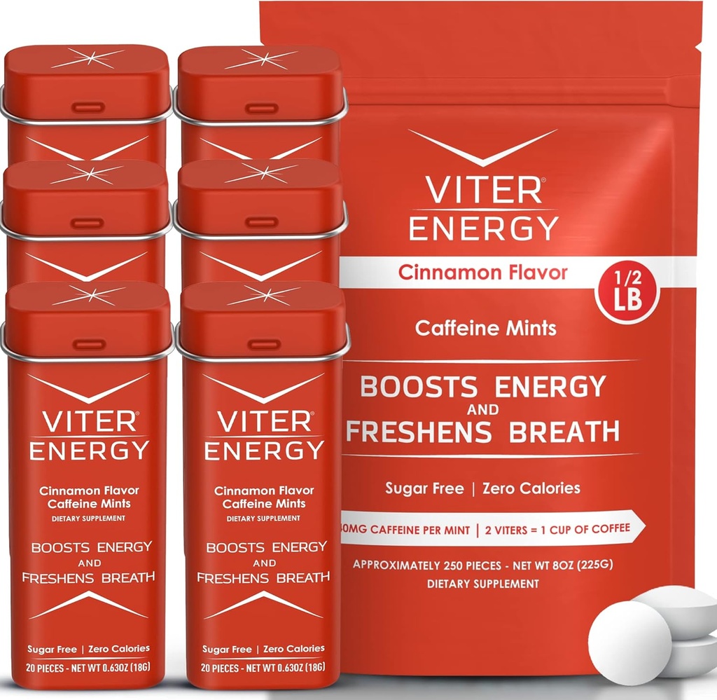Viter Energija Original Caffeine Mints Cinnamon Flavor 6 Pack in 1/2 Pound Bulk Bag paket - 40mg Kofein, B Vitamini, Sladkor brez, Vegan, Močen energijski ojačevalec za fokus in opozorilo
