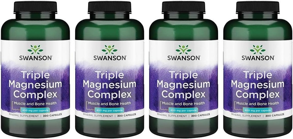Swanson Triple Magnezium Complex - Mineral Supplement - Naravna podpora - Featuring Citrat, Oxide & Aspartat - (300 kapsul, 400mg vsak, 4 pakiranje)