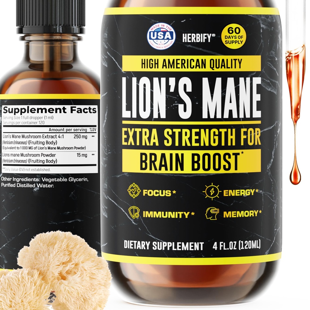 HERBIFY Lions Mane Supplement - Dnevna goba dodatek za spomin, fokus in jasnost - Možganski booster - Levi Mane Tinktura za imuno podporo - 4 Fl oz