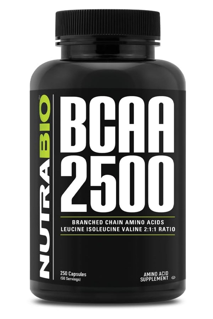 NutraBio – BCAA 2500 – Razvejane verige aminokislin – Podpora za rast mišic in preprečevanje razčlenitve mišic – 250 kapsul