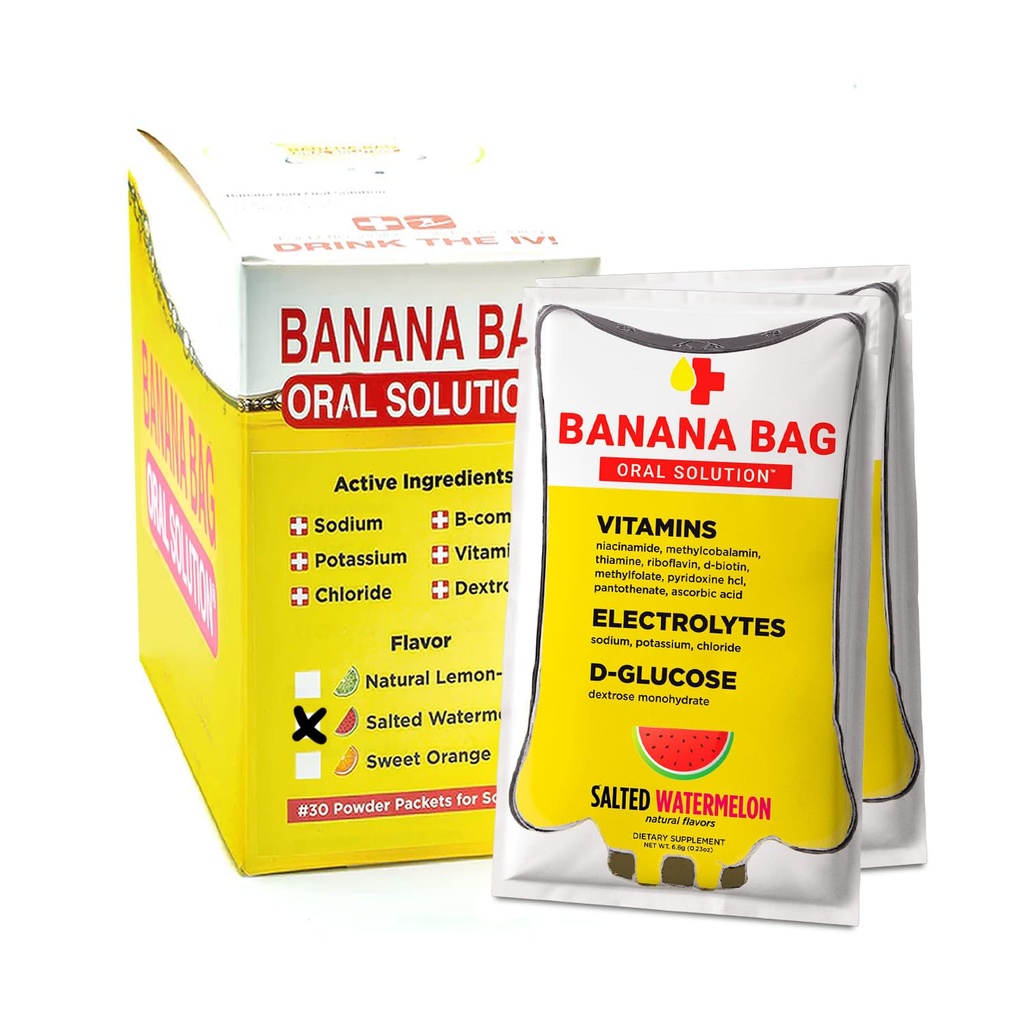 Banana Bag peroralna raztopina Packets – soljena lubenica 30pk  Udobno, enostavno-to-mix, in kot nalašč za vsakodnevno uporabo.