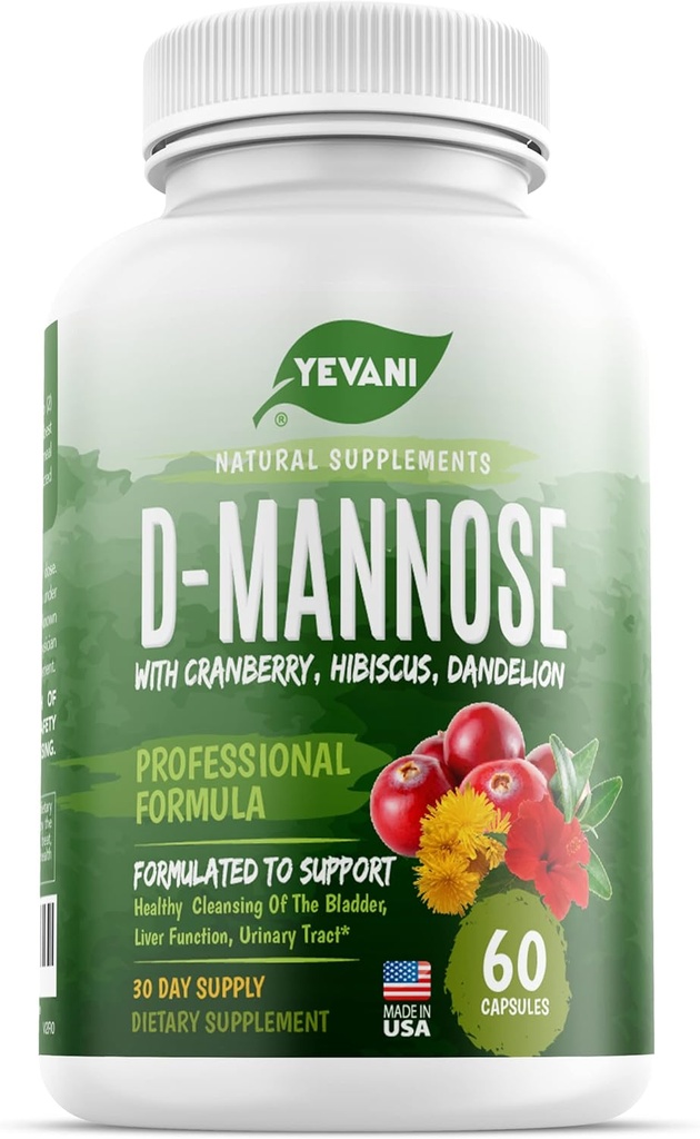 100% Pure D-mannose Kapsule 1000 mg z brusnice, Hibiscus, in Dandelion Extract, hitro delujoča Profesionalna formula za preprečevanje UTI za zdravje urina in mehurja