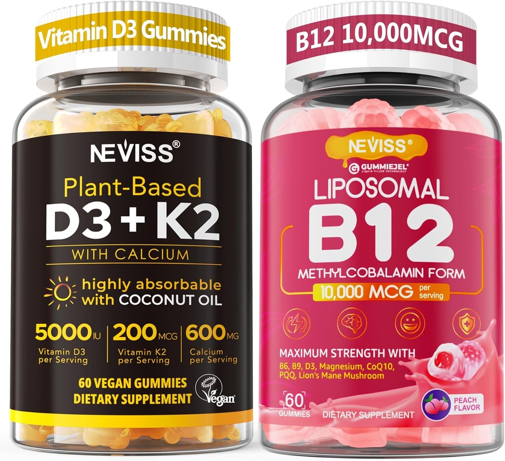 NEVIS 2Pack Vitamin D3 5000iu & K2 (kot MK7) 200mcg Gumies + 600mg Kalcij + 1 pakiranje liposomski metil B12 5000 μg/10000 mcg