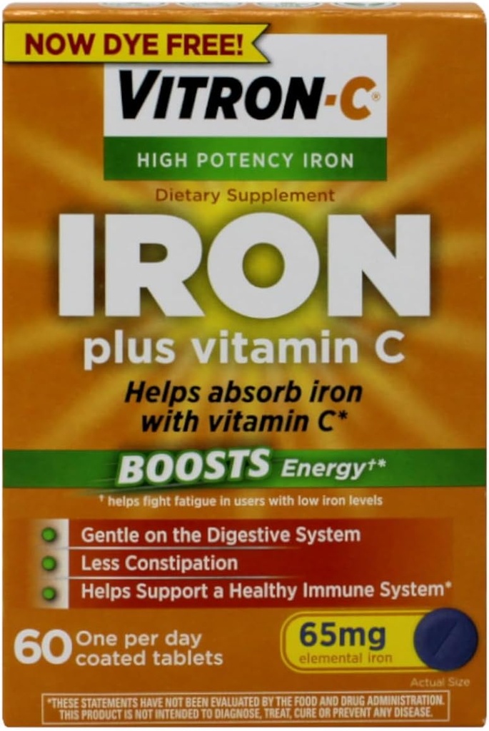 Vitron-C visoko moč železova prehrana dodatek – železo plus vitamin C, povečanje energije, nežen na Prebavni sistem, 60 Obložene tablete, 65 mg elementarno železo