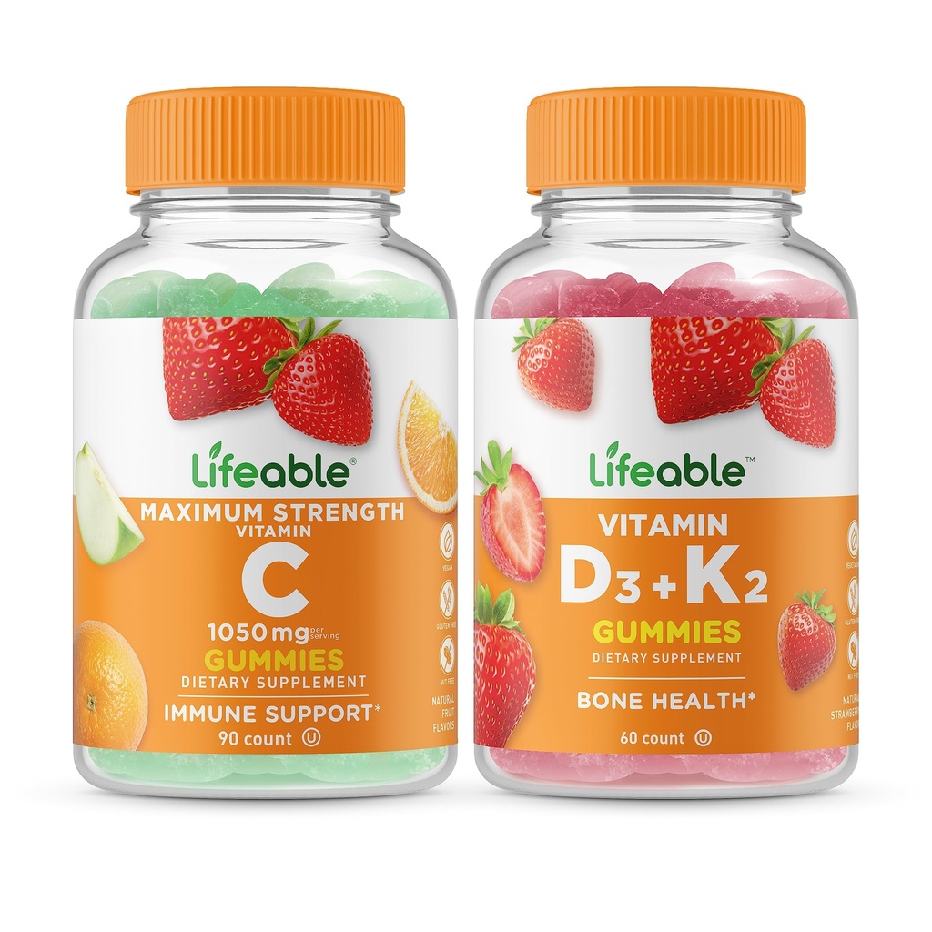 Življenjski Vitamin C 1050mg + Vitamin D3 + Vitamin K2, Gummies Bundle - Velika degustacija, Vitamin dopolnilo, Gluten brezplačno, GSO brezplačno, Žvečljivi Gummy